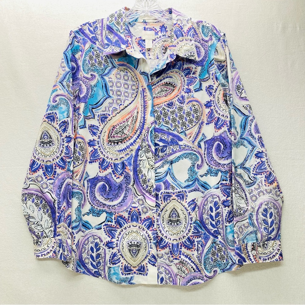Chico's No Iron Button Front Blouse Size 2 Large Floral Paisley Print Casual Fun